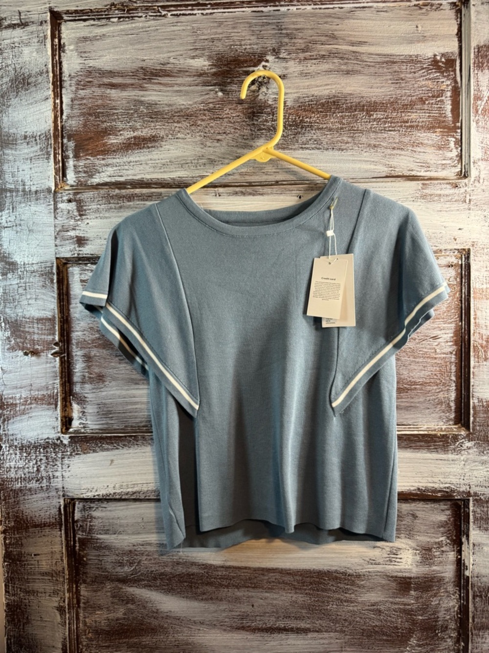 Short-Sleeve Knit Top in Dusty Blue with Contrast Trim